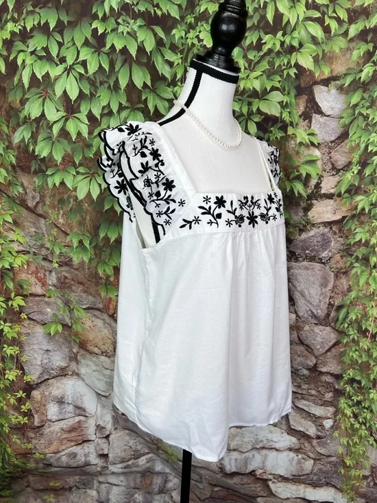 LOFT Black and White Embroidered Pinafore-Style Top, M - Picture 9 of 11